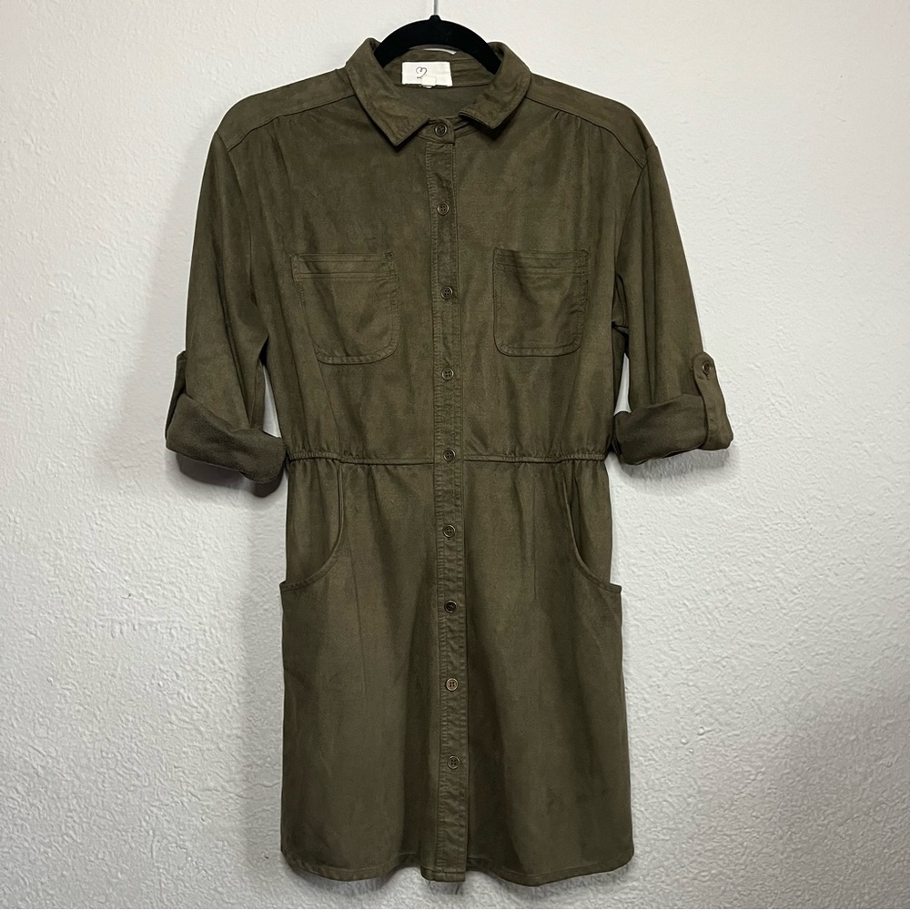 DARK GREEN SUEDE BUTTON DOWN CARGO SHIRT DRESS
